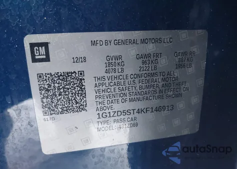 2019 Chevrolet Malibu Lt из США, поврежденный, VIN 1G1ZD5ST4KF146913